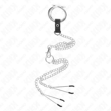 Anello pene in metallo cromato triplo con catena e clip capezzoli